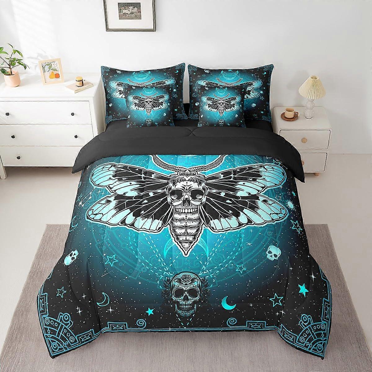Queen Size Boho Comforter Set with Sheets, 7 Piece Blue Gothic Moth Bedding, Skull Decor