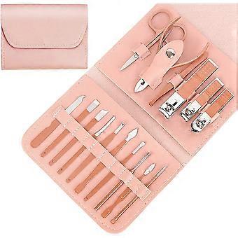 Manicure Cortador de Unhas, 16 em 1 Aço Inoxidável Kit Pedicure Profissional Tesoura de Unhas (Couro Rosa)