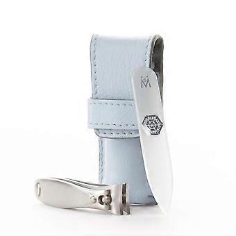 Nail Clipper and Glass File Set in Light Blue Leather Case - Made Solingen Germany of FINOX Stainless Steel, Care Supplies Czech Republic