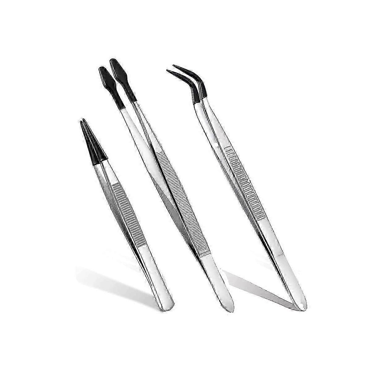 3pc Flat Bent Pointed Tweezers Set