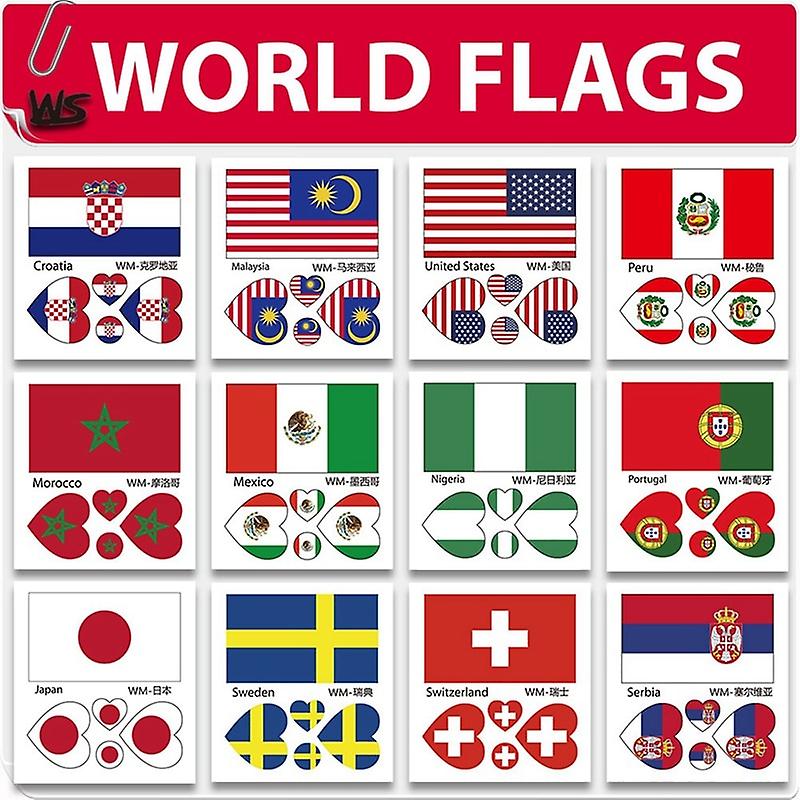 10pcs World Flag Face Sticker Temporary Football Cheerleader Prop World Cup Heart-shaped Waterproof Face Hand Stickers