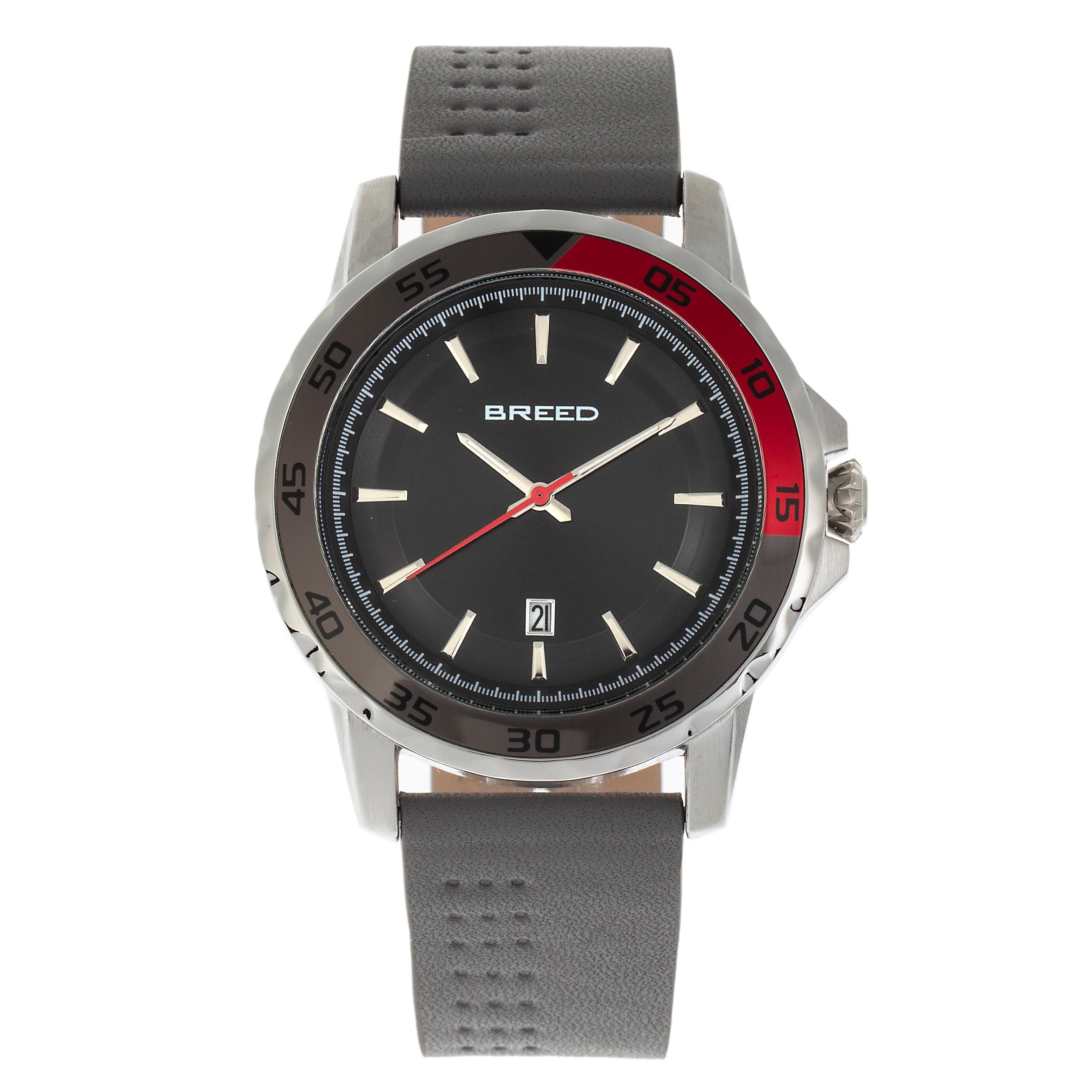 Breed Revolution Leather-Band Watch w/Date - Grey