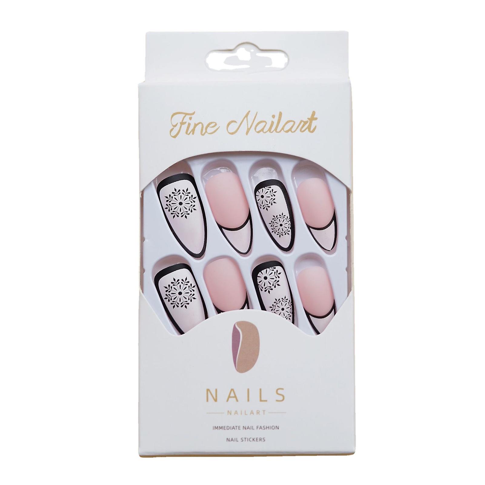 Nude With Snowflake Printed Almond Fake Nails Lightweight And Easy To Stick Fake Nail