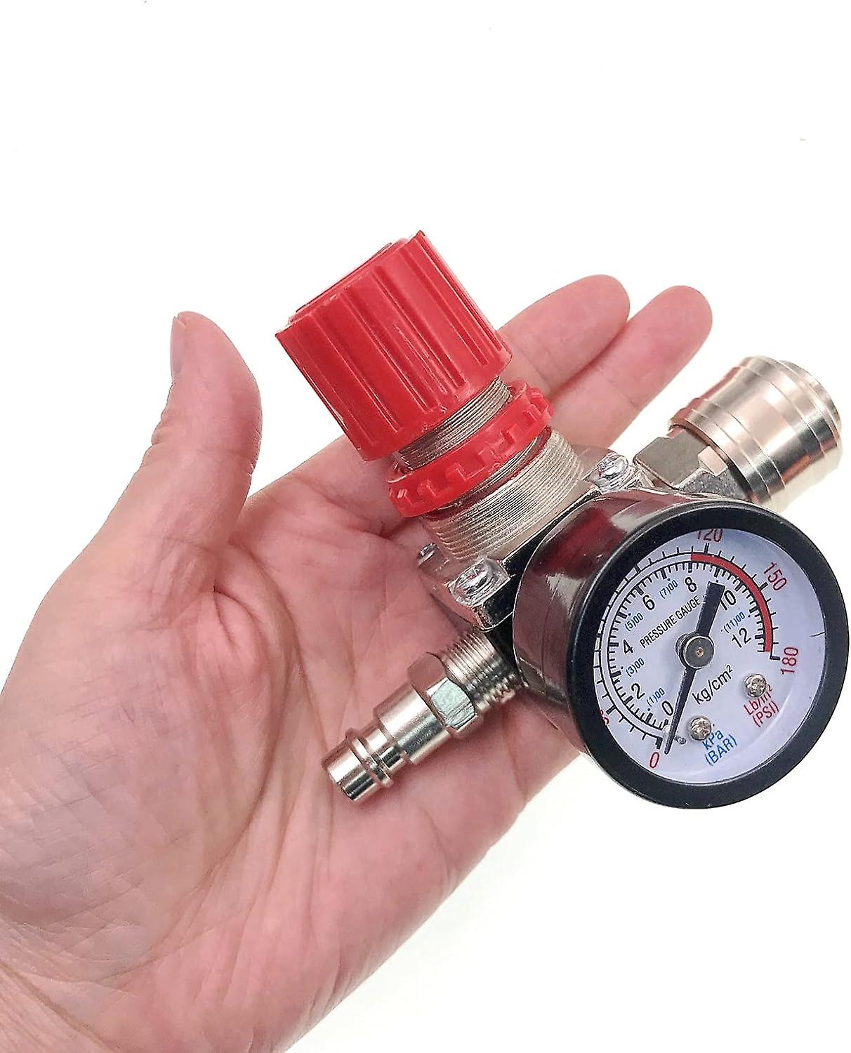 Tryckluftstrycksreducerare 1/4", tryckreducerare, 4 hål med tryckmätare för kompressor
