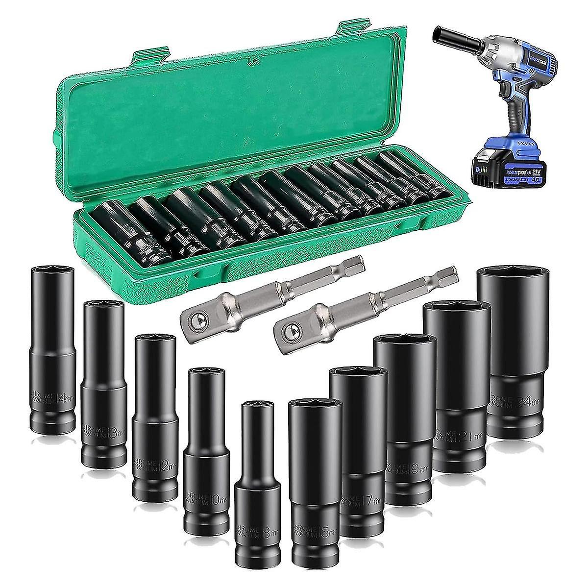 Deep Impact Socket Set,10Pcs 1/2 inch Socket Sets 8-24mm and Storage Box with Driver Socket Extensi