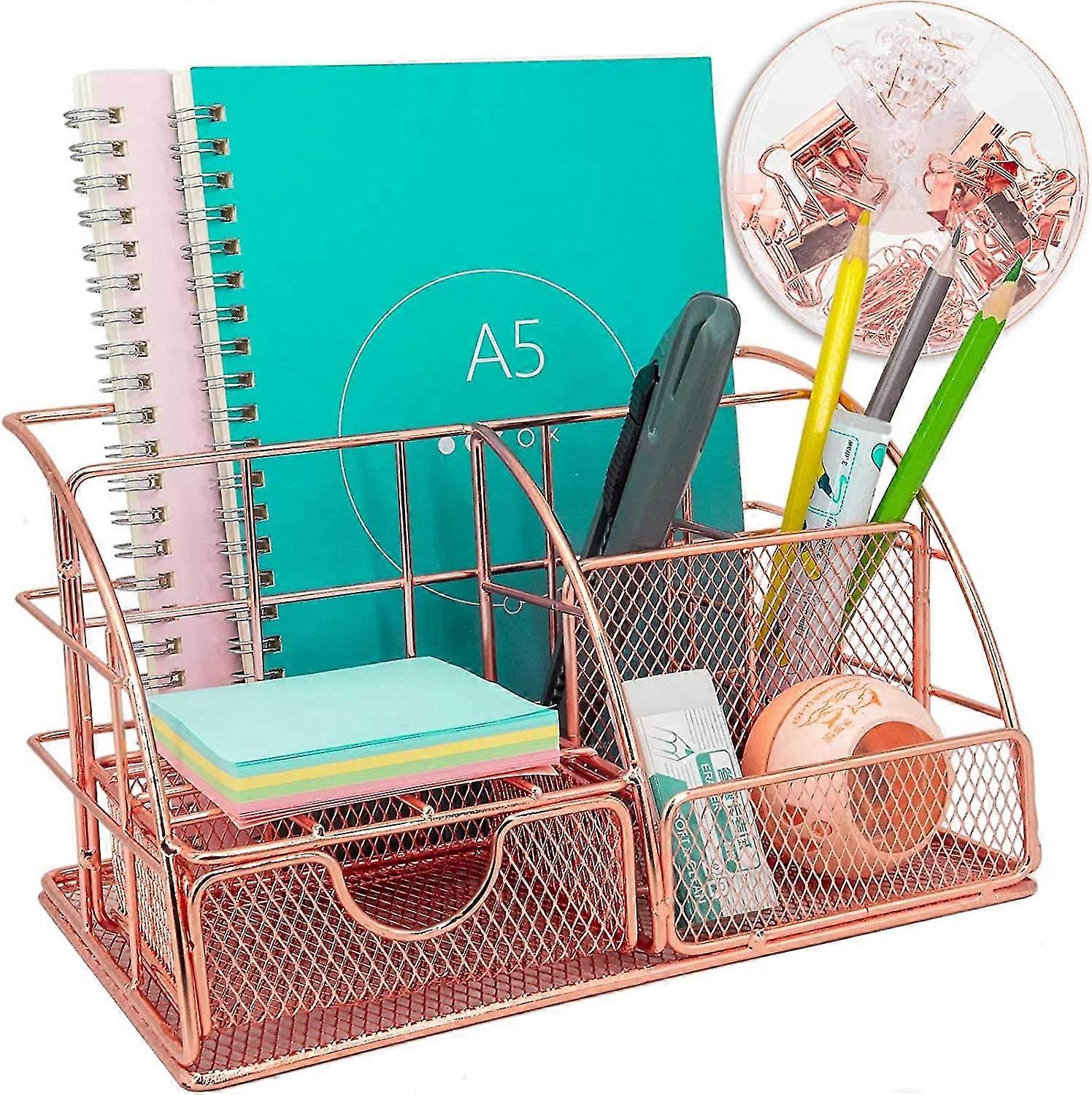 Rose Gold Desk Organiser With Drawer, Multi-use Metal Desktop Organizer, Office Organiser For Office Desk (include 72pcs Metal Clips)