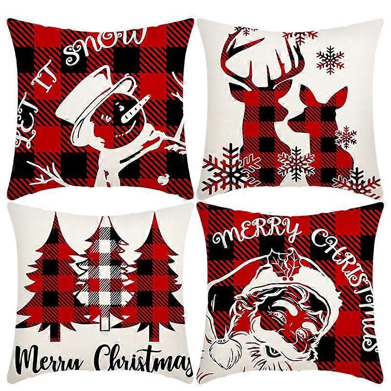 Christmas Pillow Covers Red Black Buffalo Plaids Xmas Throw Pillow Case Snowman Reindeer Xmas Tree Santa Claus Farmhouse Cushion Covers for Home Sofa