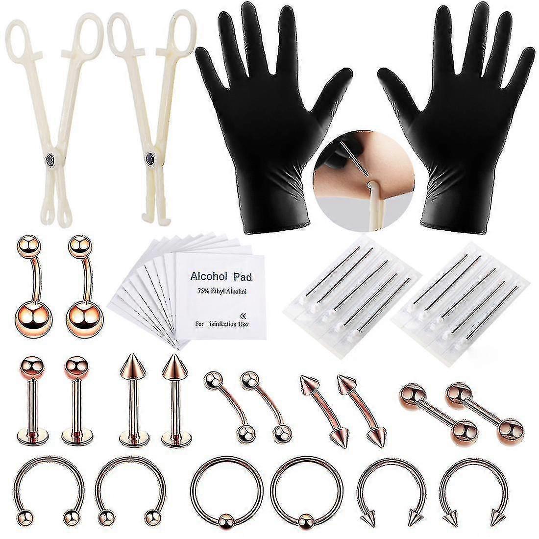 42pcs Body Piercing Kit Lip Studs Eyebrows Stud Ear Studs Navel Ring Body Piercing Needles Piercing Steel Piercing-rose Gold-16g 1.2x10x3mm (huali)