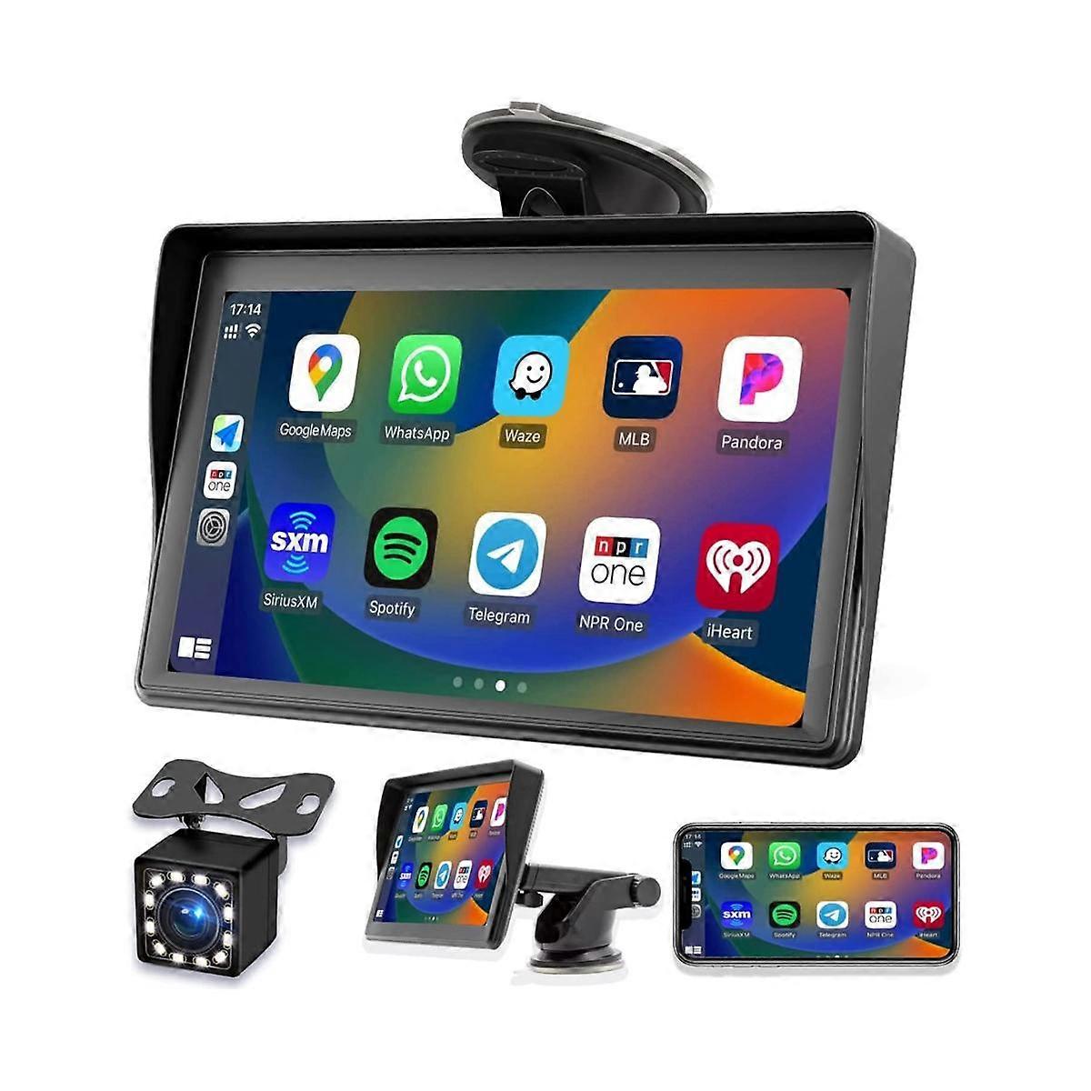 Portable Dash Mount Carplay Display 7In Touch Screen, GPS Navigatin,Bluetooth Car Stereo Radio, Backup Camera, FM Radio