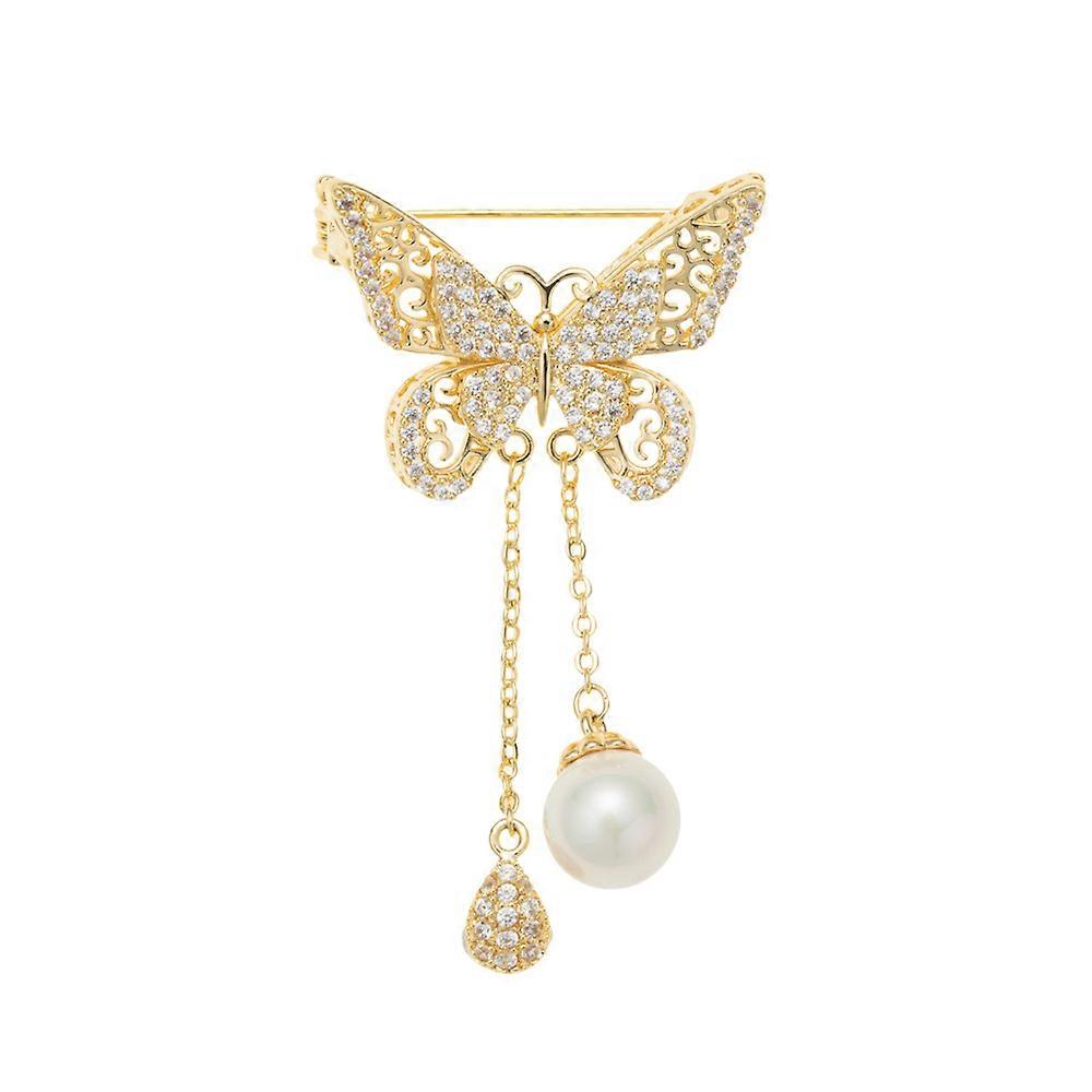 Women Hollow Out Butterfly Brooch Pin with Pendant Butterfly Lapel Pin for Coats Jackets Sweaters Accessories Gold Color 3.2*5.7cm