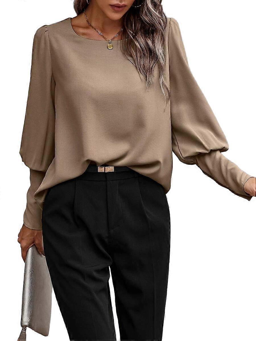 Women Blouses Long Lantern Sleeve O Neck Button Tops Loose Shirts Solid Deep Coffee Color