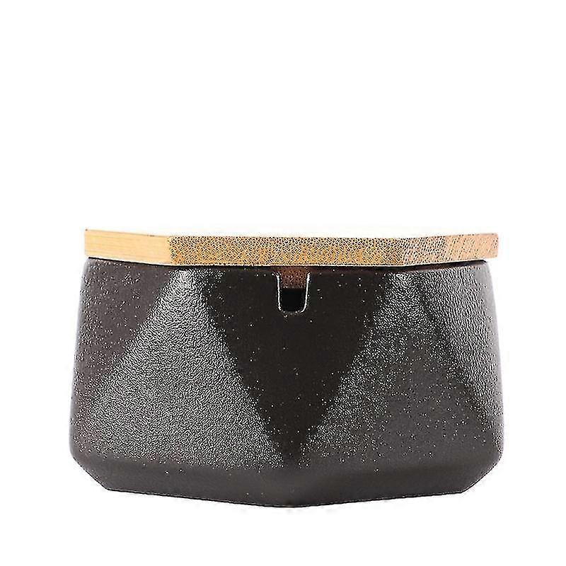 Ceramic Ashtray With Lid, Windproof Design And Geometric Shape(1pcs-black)