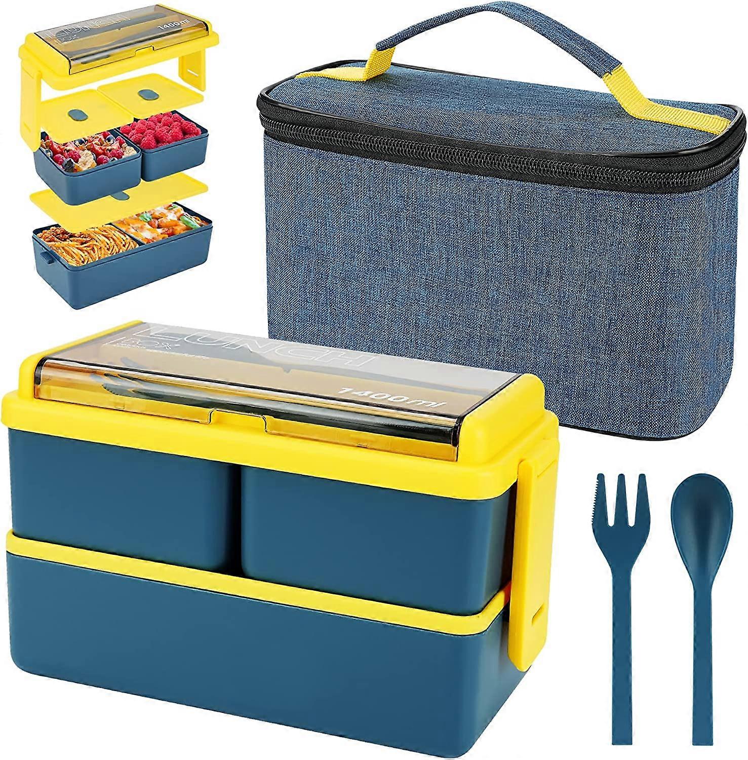 1400ml Lunch Box with 3 Compartments (Blue)- 2 Layer Bento Box with Bag and Insulated Cutlery, Meal Prep Container Box for Adults Students Kids