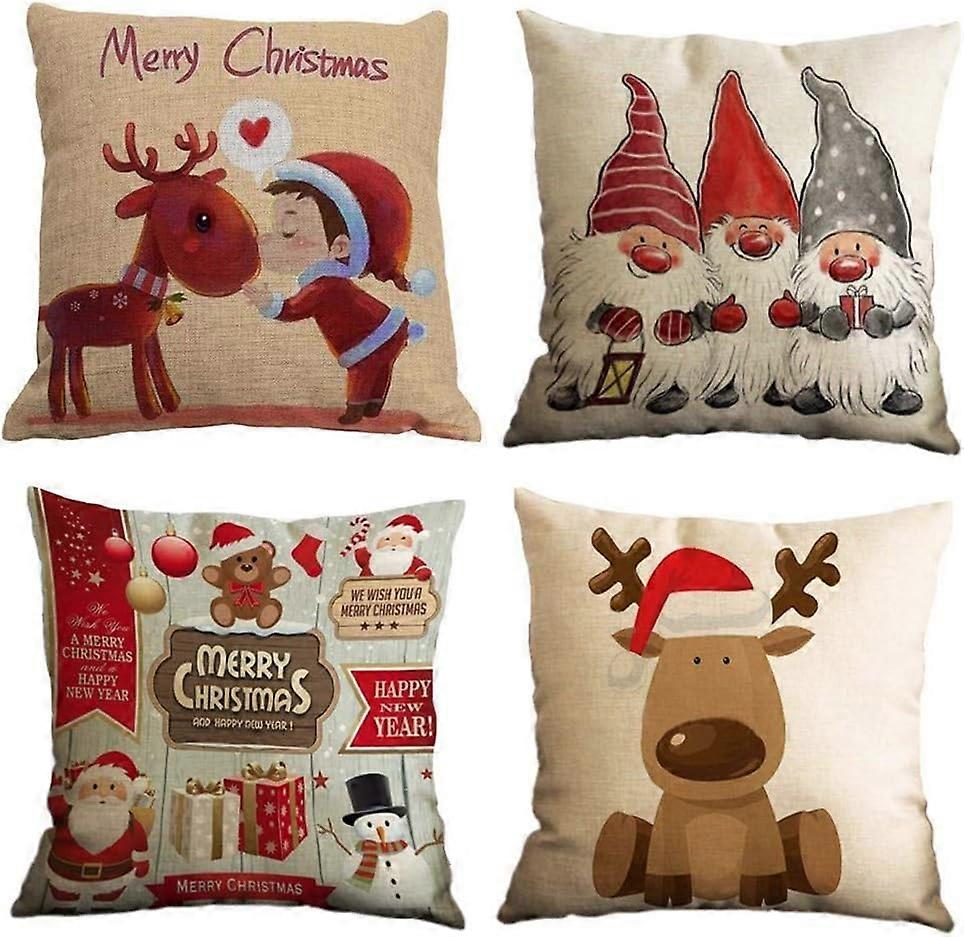 Pillowcase, set of 4 cotton and linen Christmas elk Santa Claus snowman dwarf print square cushion cover 45 x 45 cm