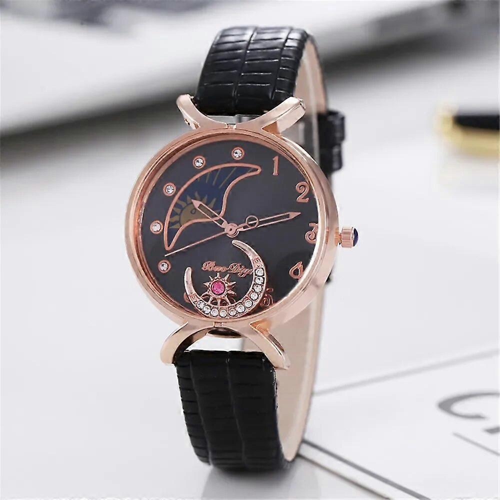 Eleganter Mond mit Diamanten Uhren Damen Luxus Quarz Armbanduhren Lässige Damen Lederuhr Creative Montre Femme