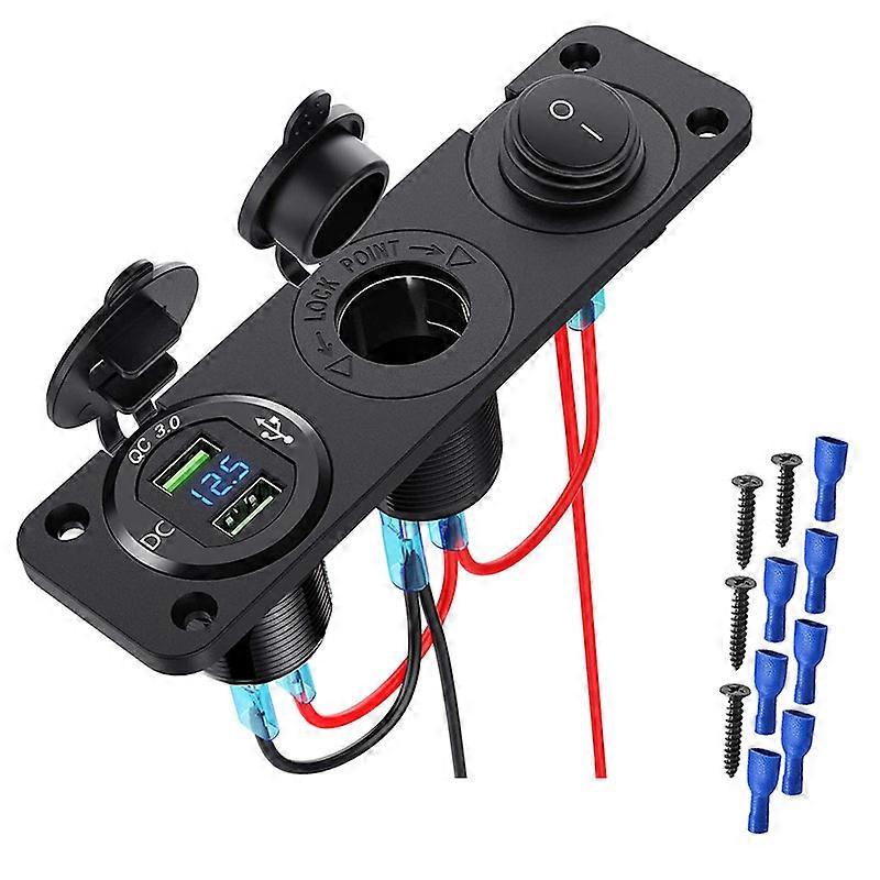 12V Marine Boat Cigarette Lighter Socket, 3 in 1 Waterproof Car Dual QC3.0 USB Outlet Panel 12 Volt RV Power Socket LED Display Waterproof Charger Soc