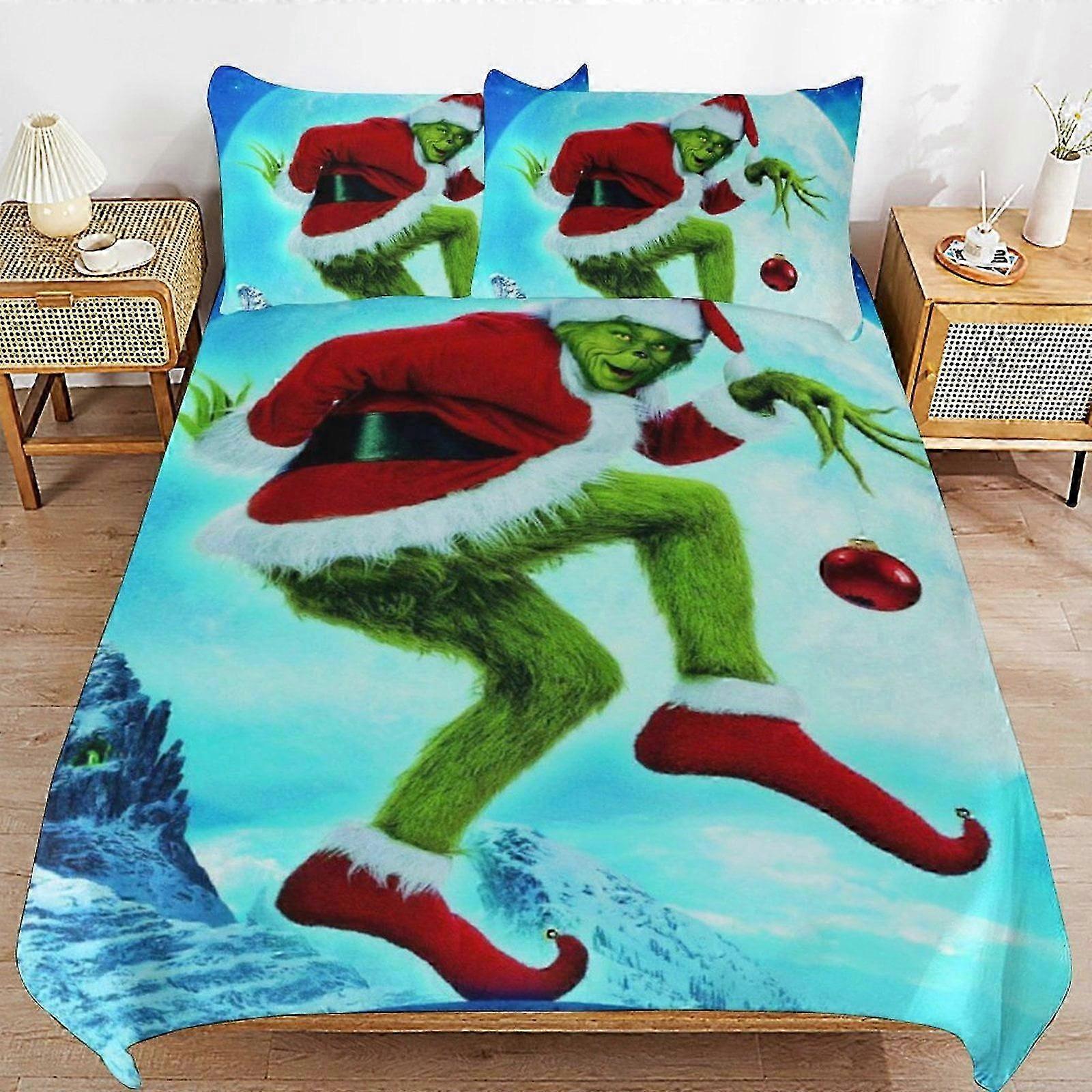 n604 ملاءات سرير طقم مفروشات غرينش غطاء لحاف مريح وخفيف الوزن مفروشات كرتونية 3 قطع (1 غطاء لحاف و 2 غطاء وسادة) ملاءات سرير iiv6