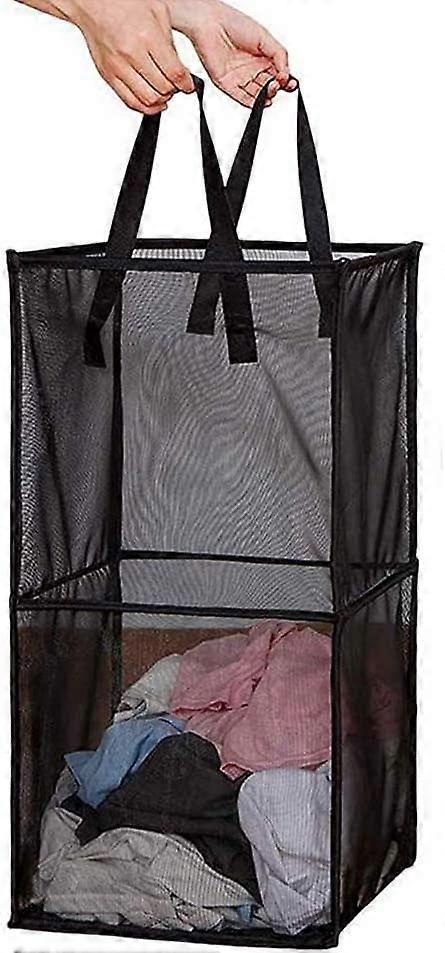 Pop Up Laundry Baskets - Mesh Collapsible Laundry Hampers Storage with Handle - Foldable (Black/Double Layer)