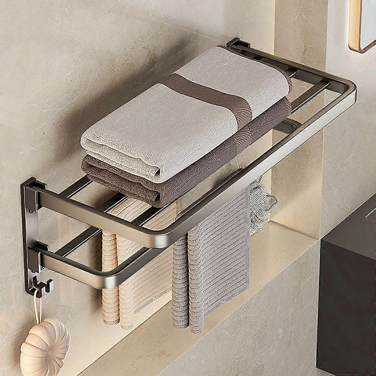 Foldable Bathroom Towel Holder With Hooks Space Aluminum Shower Room Black Towel Hanger Kitchen Storage Shelf Organizer