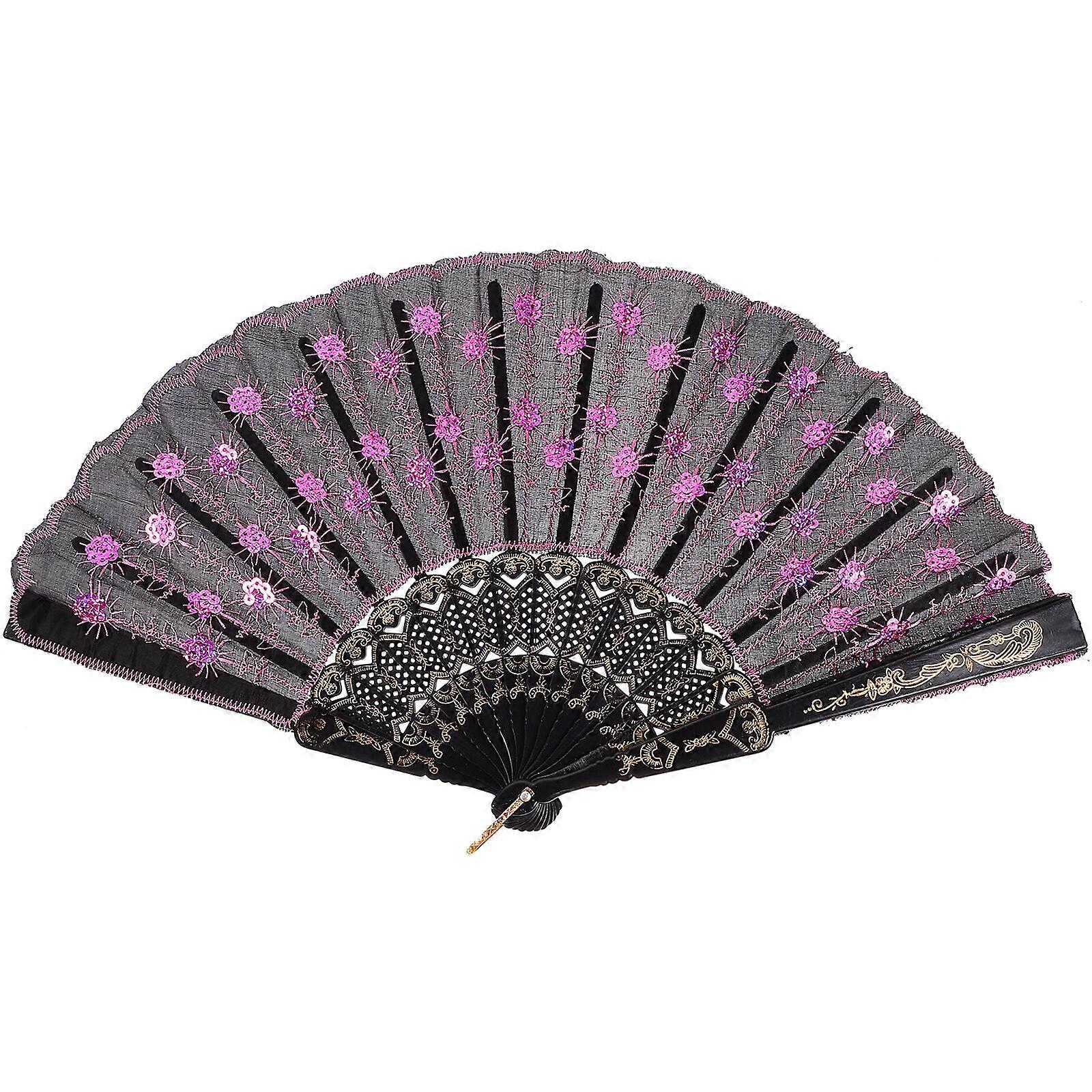 Oriental Hand Fan Elegant Embroidered Sequins Hand Fan Peacock Pattern Handheld Fan Folding Fan
