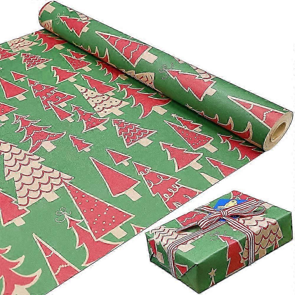 16m Roll of Kraft Red Tree Wrapping Paper Roll,Colorful Gift 100% Recyclable