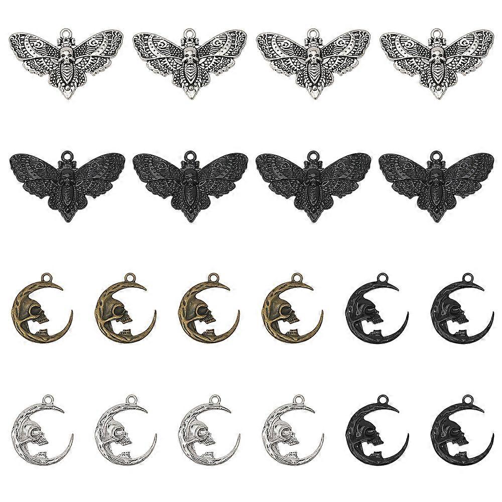 20Pcs 5 Style Alloy Pendants Sets Moth & Moon with Skull Mixed Color 26~27x23.5~43x1.5~4mm Hole: 1.6~2.3mm 4pcs/style