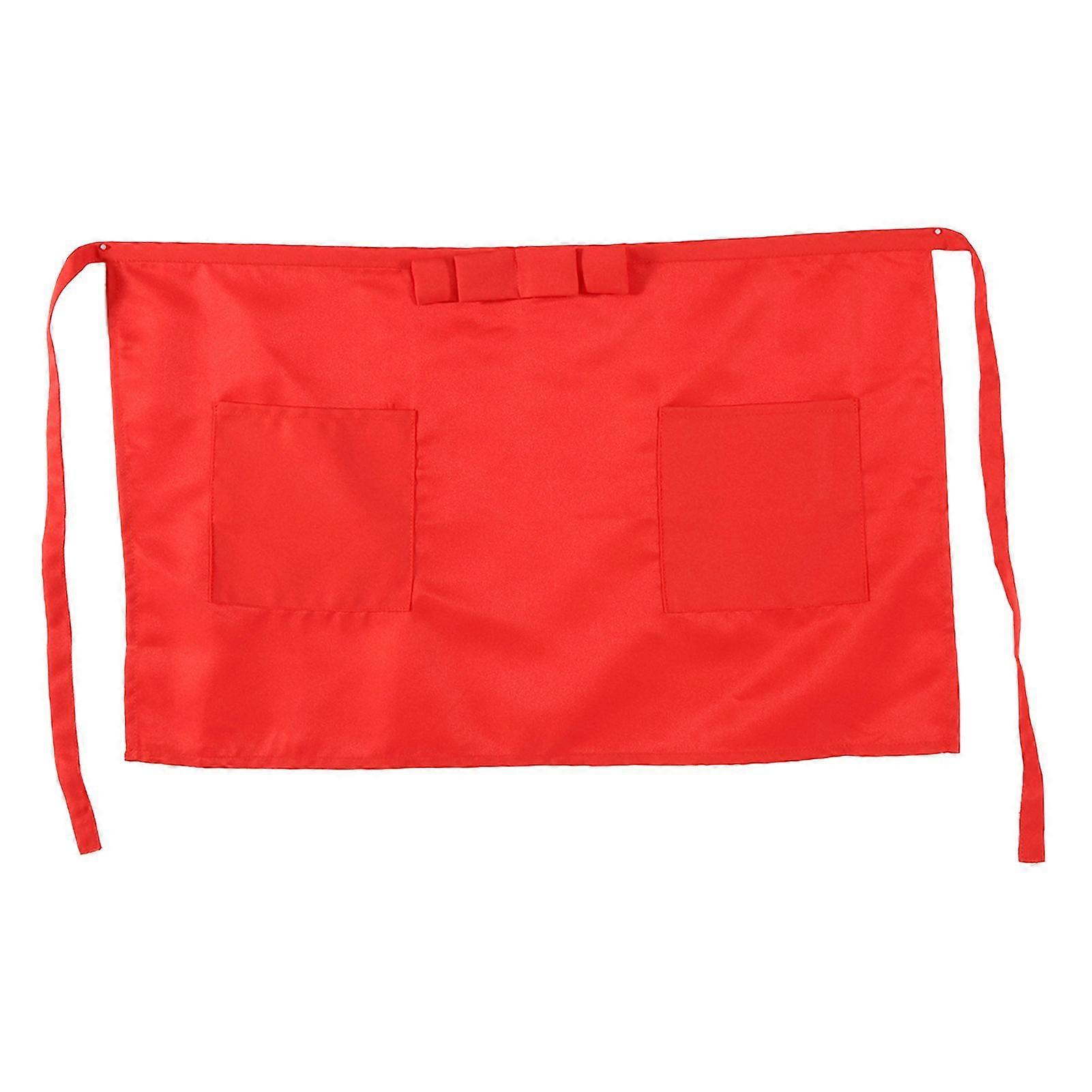 Solid Color Kitchen Cooking Half Waist Apron With Bowknot and Two Pockets Red