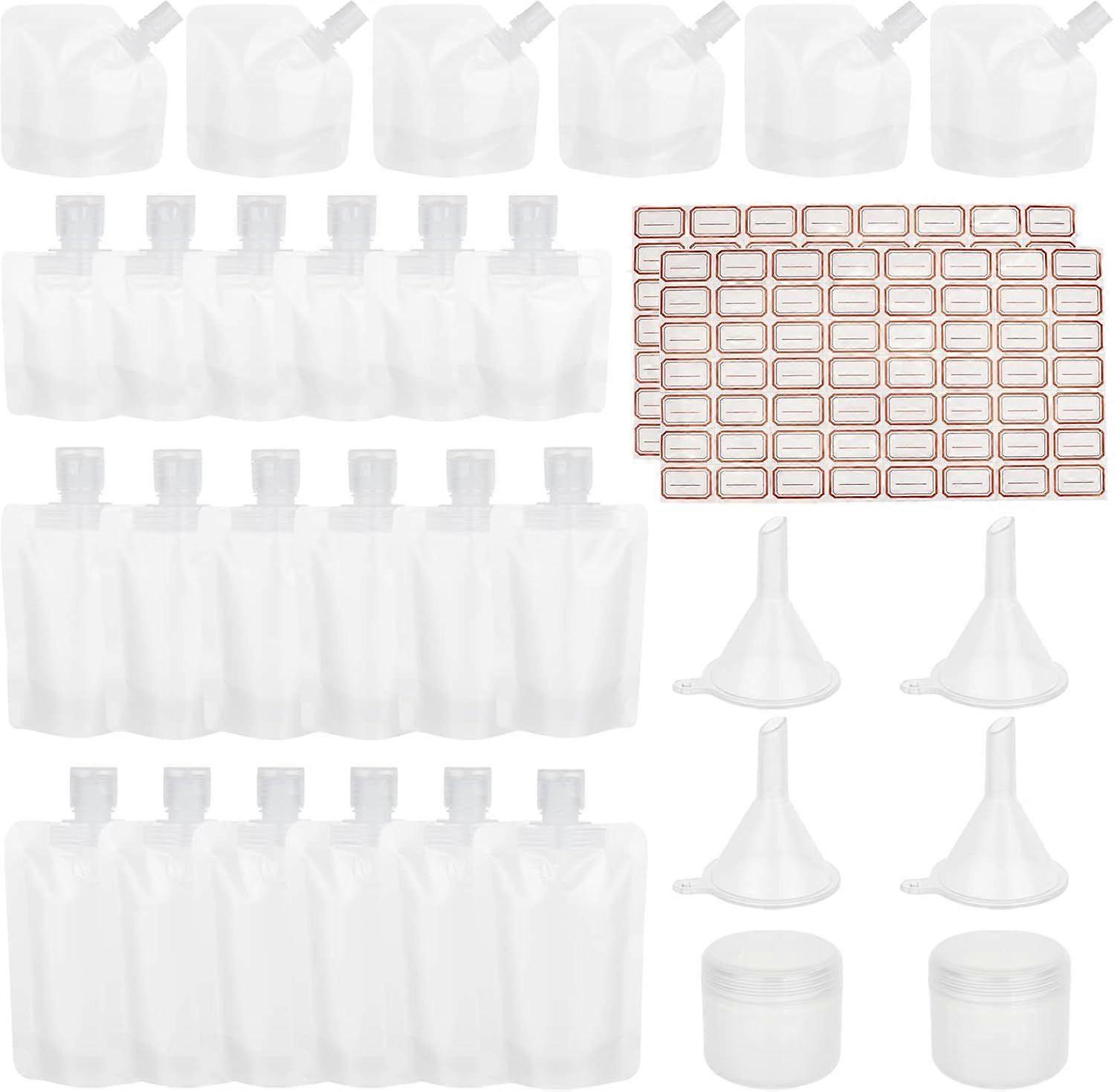 86pcs Refillable Empty Squeeze Pouch Set 24pcs 4 Styles 30/50/100ml (1/1.6/3.3 fl.oz) Travel Fluid Makeup Packing Bag with 2pcs Cosmetic Jars 4pc Funn