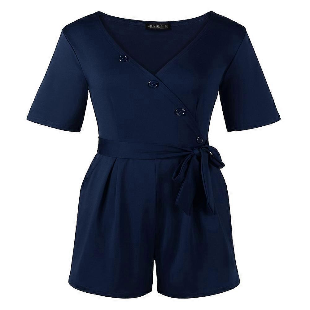 CHICIRIS Women's V Neck Casual Short Sleeve Button-Up Solid Ruffle Summer Wrap Jumpsuit Romper