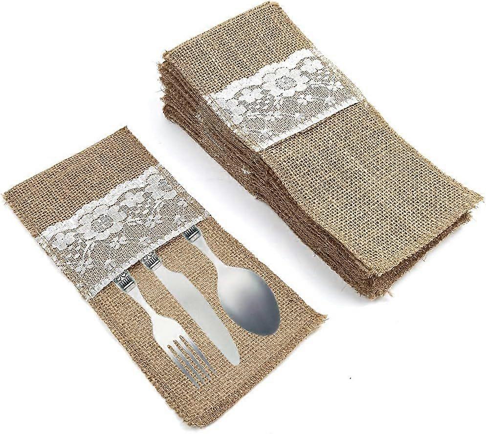 Jute Cutlery Holder Set, 20 Pcs Rustic Lace Silverware Pouches