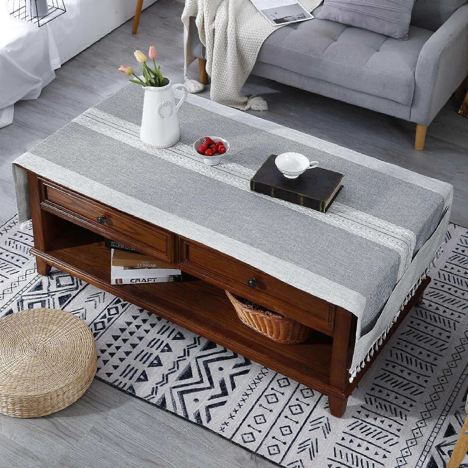 Linen Tassel Coffee Table Rectangular Tablecloth Cover for Living Room