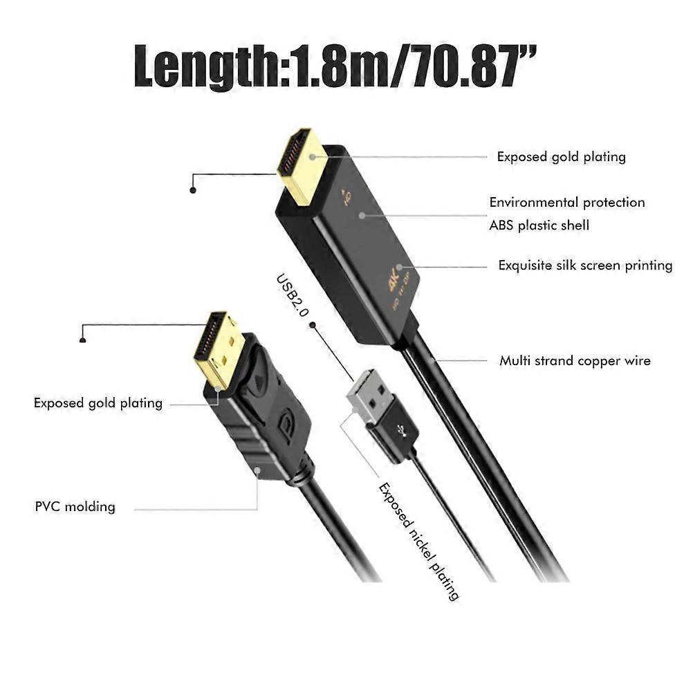 4K 60Hz HDMI to DisplayPort Adapter Cable 1.8m Black H147