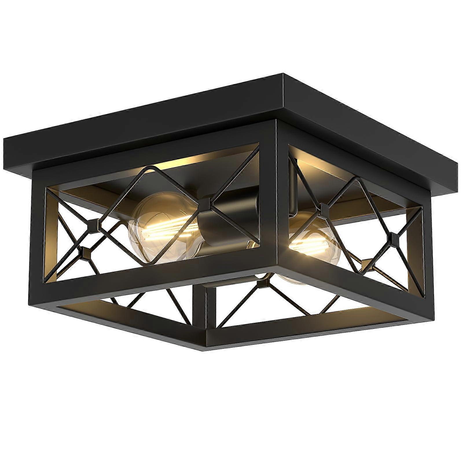 Black Flush Mount Ceiling Light Fixture, 2-Light Vintage Metal Square Design, E26 Base for Kitchen, Living Room, Bedroom
