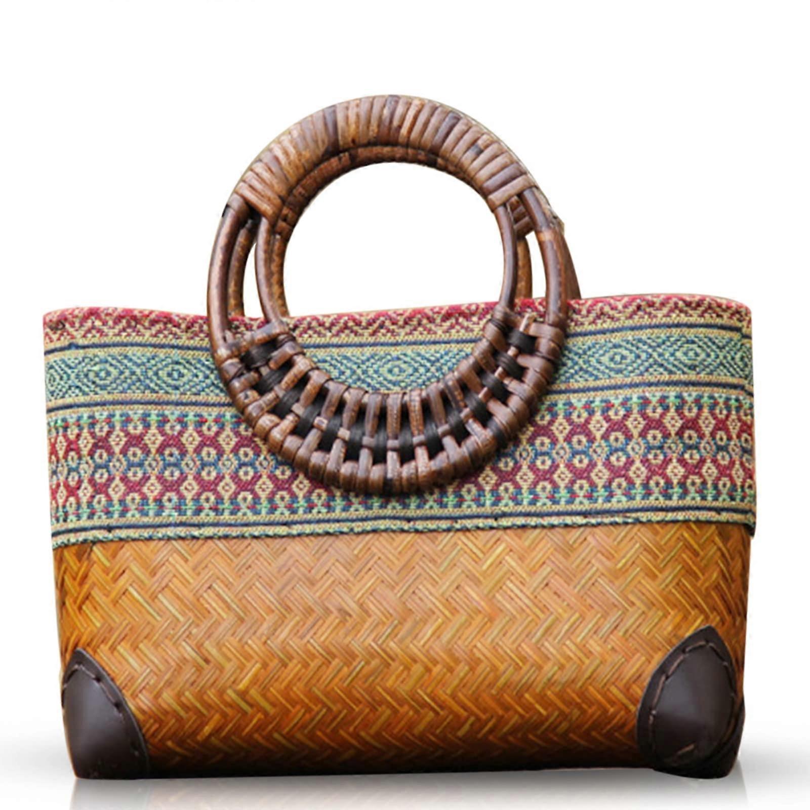 Straw Bag, Handmade Rattan Handbag, Boho Retro Woven Tote, Round Bamboo Handle, Summer Beach Bag