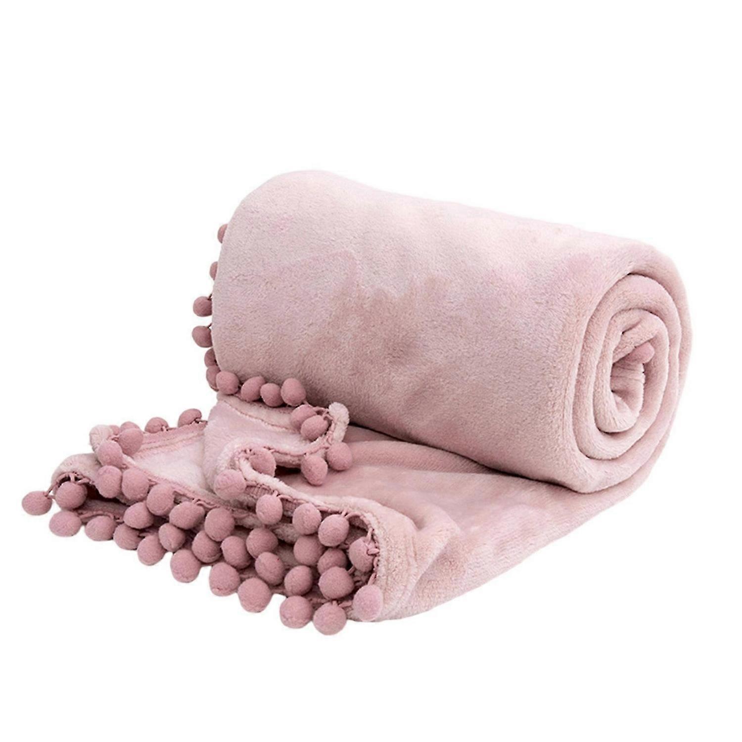 Solid Color Soft Plush Throw Blanket Pom Pom Fringe Tassels Decorative Fleece Flannel Fuzzy Blankets