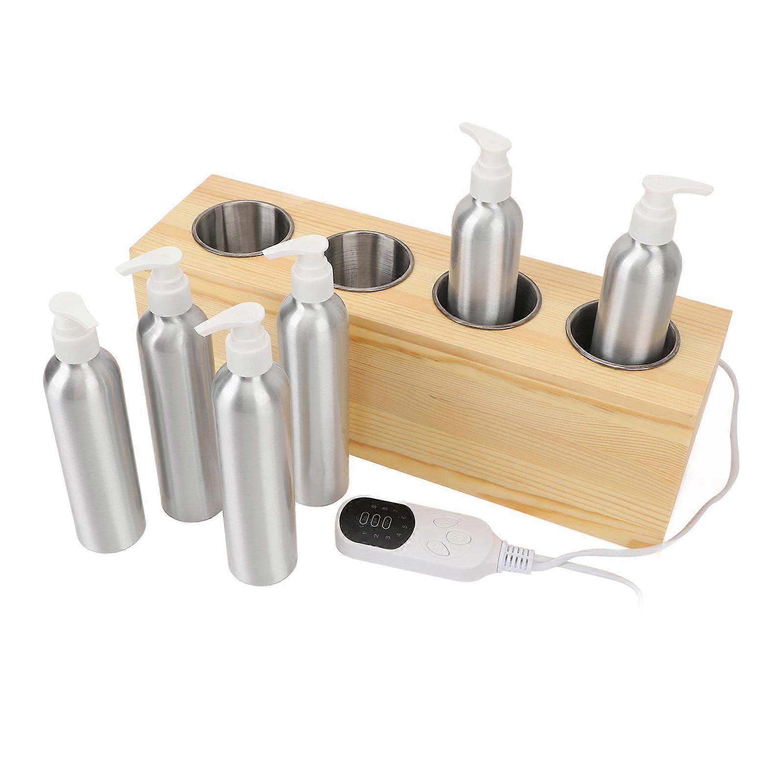 Oil Warmer Dispenser Constant Temperature Control 4 Bottles Lotion Warmer with Essential Oil Bottles 100‑240V US Plug Wood Grain