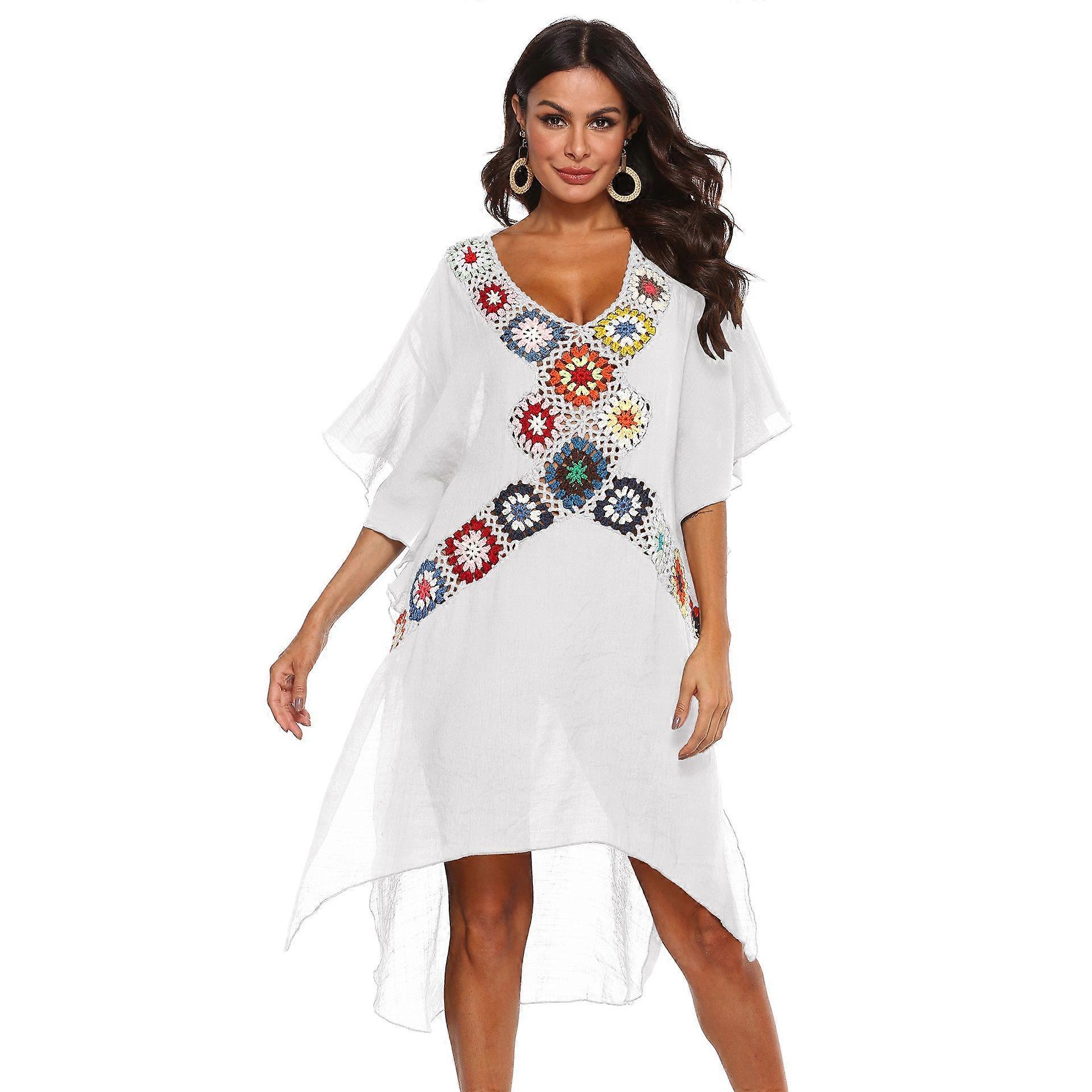 Women's Cover-Ups Plus Size Sexy Deep V Hand Hook Patchwork Beach Bikini Cover-Ups Irregular Split Dresses