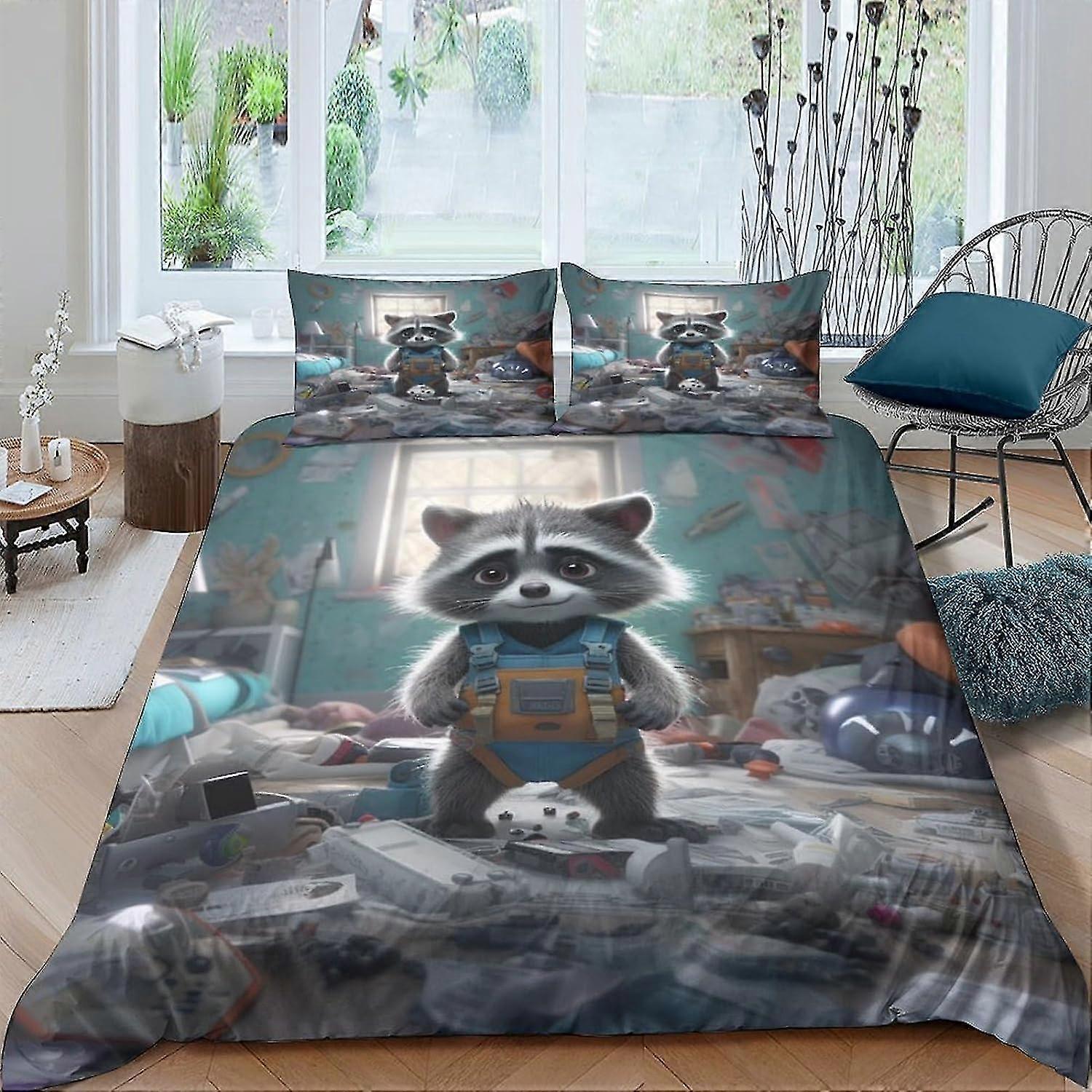 Conjunto de cama de guaxinim de 3 peças com capa de edredom com fecho de zíper, roupa de cama de microfibra macia para tamanho duplo