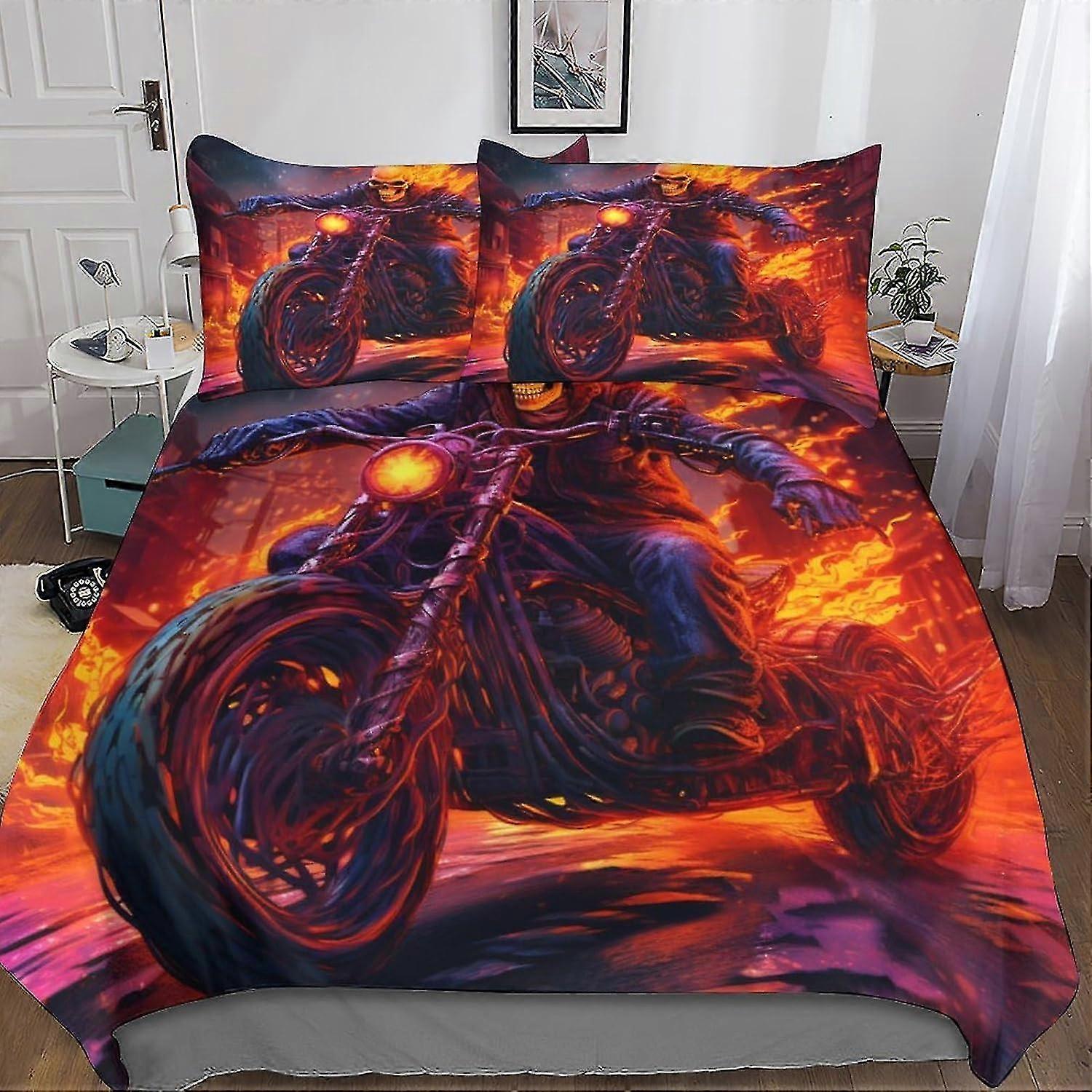 3D Printed Duvet Cover Bedding Set with Pillowcases and Zipper Closure, Hypoallergenic Soft Microfiber Motorcycle Design