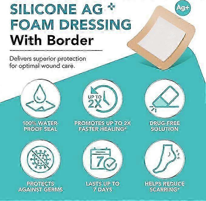 Silicone Foam Dressing Ag Sterile Wound Bandage with Waterproof Gentle Silicone Adhesive Border, 4"x 4" Breathable Ultra Absorbent Pads