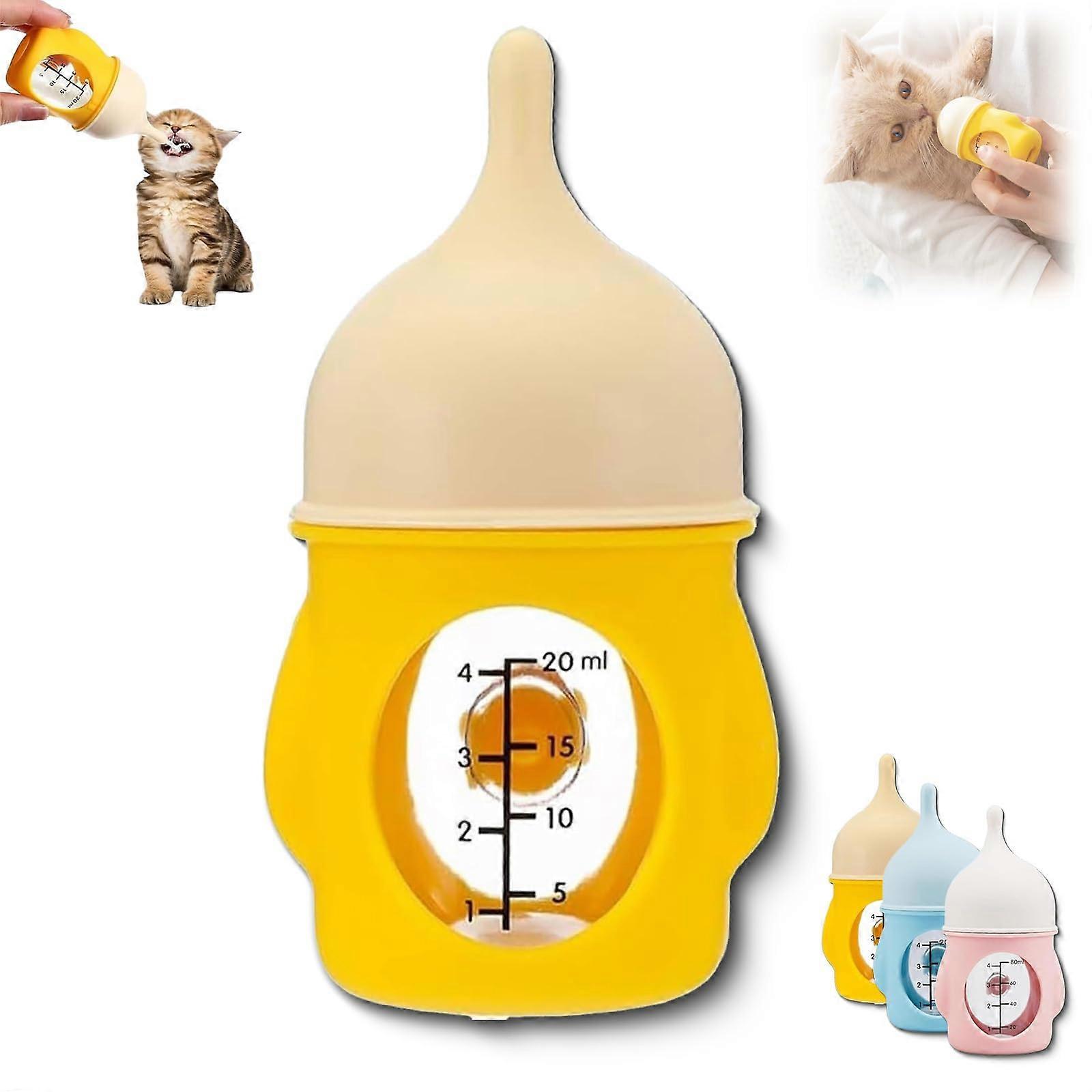 Leak-Proof Squeezable Kitten Bottle 20ML, Reusable Silicone Pet Feeding Bottle for Newborn Kittens and Puppies, Yellow