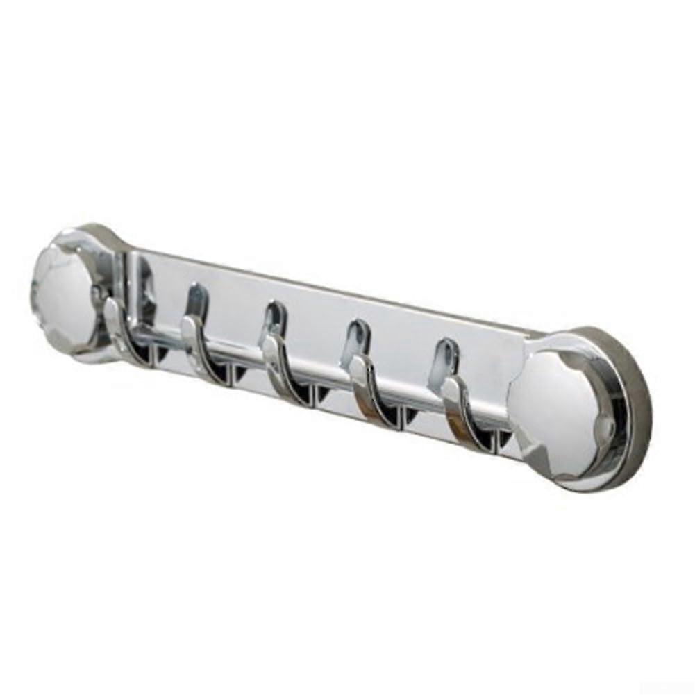 Suction cupmounted hook system with five hooks for towel storage in the bathroom
