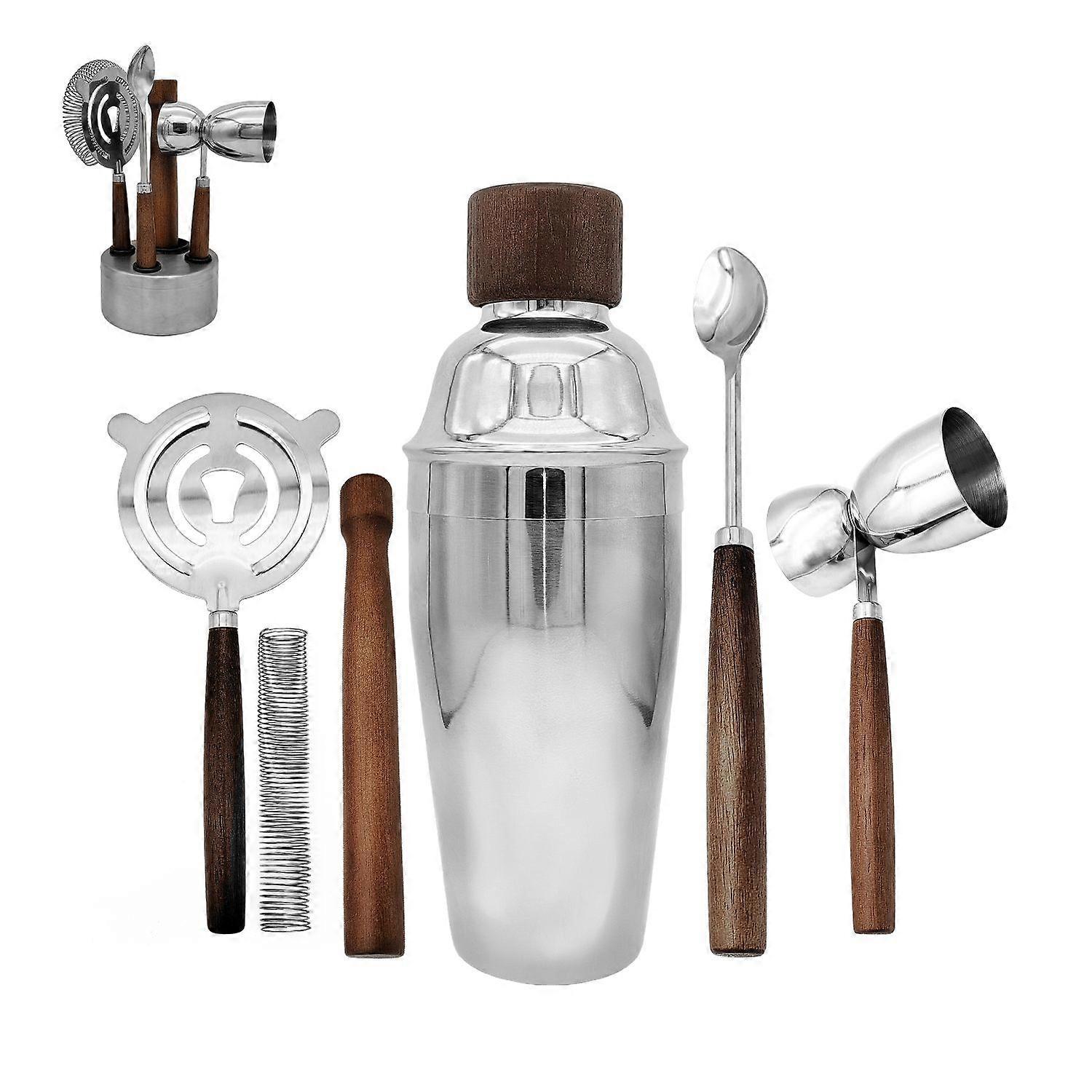 6 PCS Bar Tool Set Stainless Steel Cocktail Shaker Kit With Muddler, Double Jigger, Mixing Spoon, Strainer & Matte Round Stand Bartender Essentials Ba