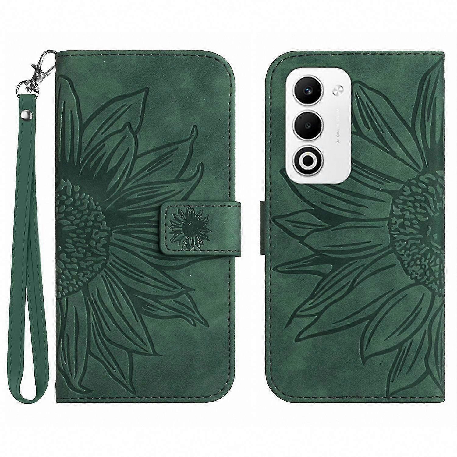 Oppo A5 5G Case Sunflower Leather Wallet Phone Cover with Wrist Strap