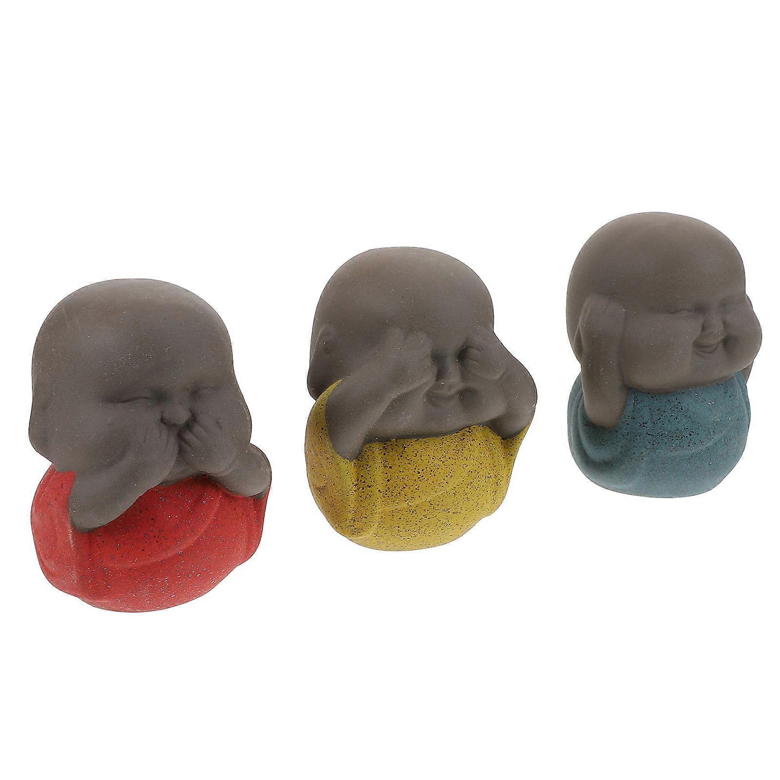 Monk-Shape Model Ceramic Tea Pet Adornment 3Pcs Assorted Color Hand-Playable Decor