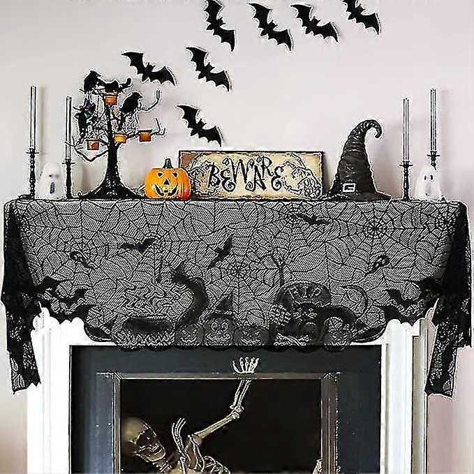 Halloween Fireplace Mantle Scarf Cover - Halloween Decoration Indoor - Halloween Festive Black Lace Witch Bats Spiderweb Cover For Fireplace Mant uu