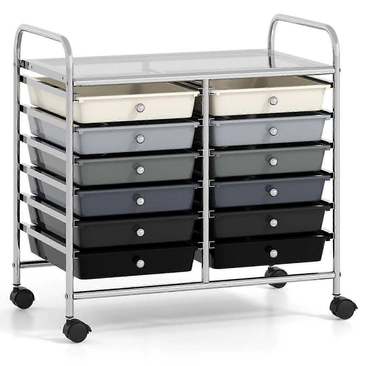 Mobile storage trolley with 12 stackable drawers, black