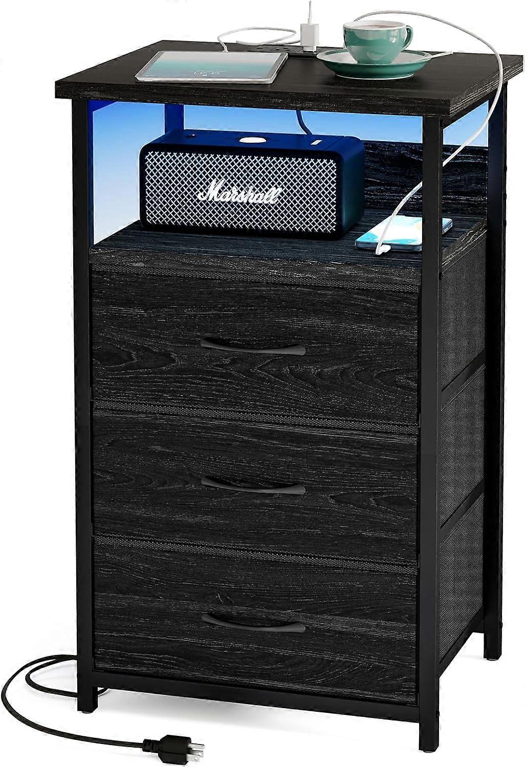 Night Stand with Charging Station, LED Nightstand with Fabric Drawers, End Table with PU Finish, Bed Side Table, Black Oak