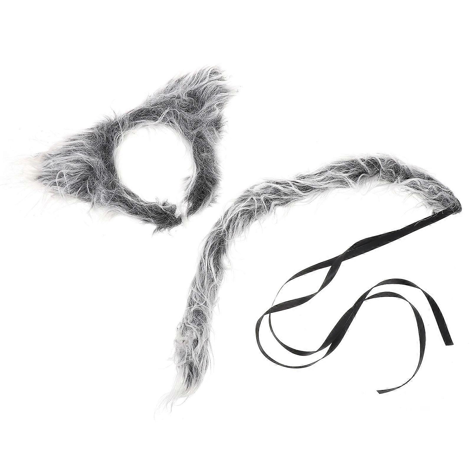 Grey Plush Furry Cat Ears Headband and Tail Set for Animal Costume 3Sets