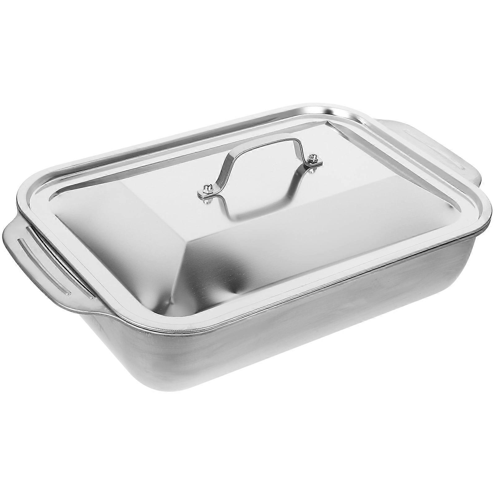 1 set of Stainless Steel Grilled Fish Dish Portable Roasting Pan Rectangular Tray with Lid